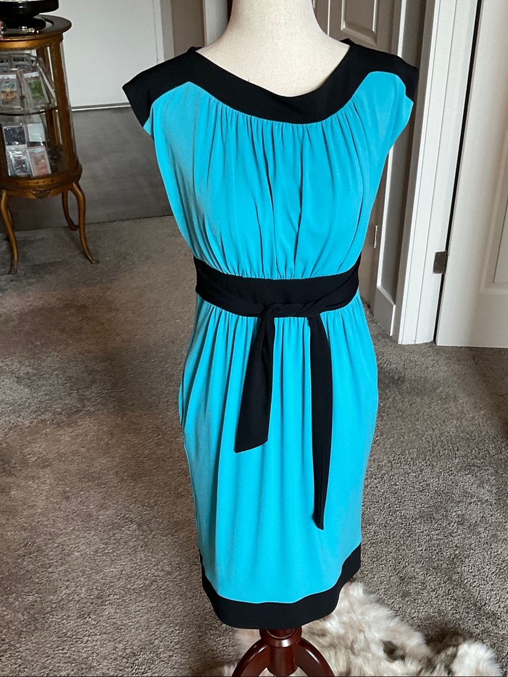 Black Trim Aqua Blue Sheath Dress with Waist Tie